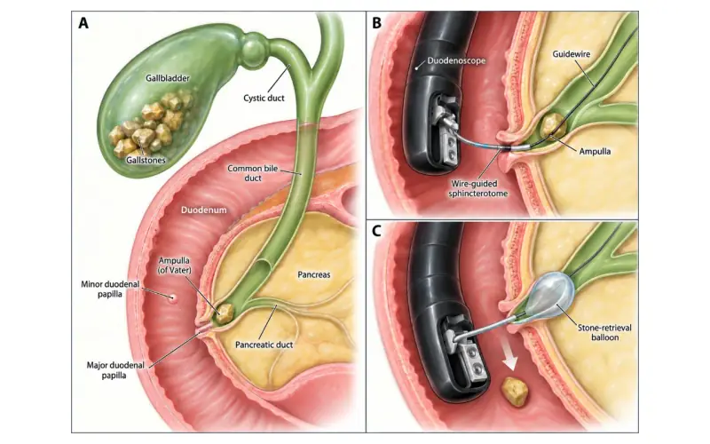 Labeled medical illustration of ERCP removing a common bile duct stone with a sphincterotome and balloon catheter.
