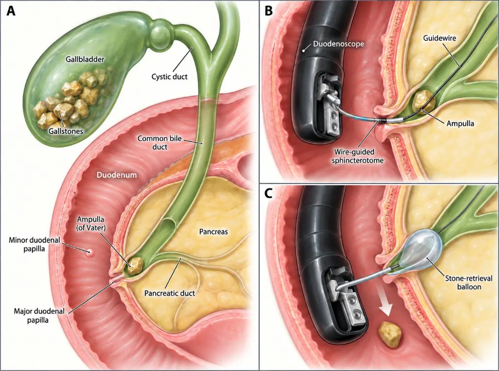 Labeled medical illustration of ERCP for common bile duct stones: (A) gallbladder and bile ducts with a stone at the ampulla of Vater, (B) duodenoscope with a wire-guided sphincterotome entering the ampulla, (C) balloon catheter extracting the stone into the duodenum.